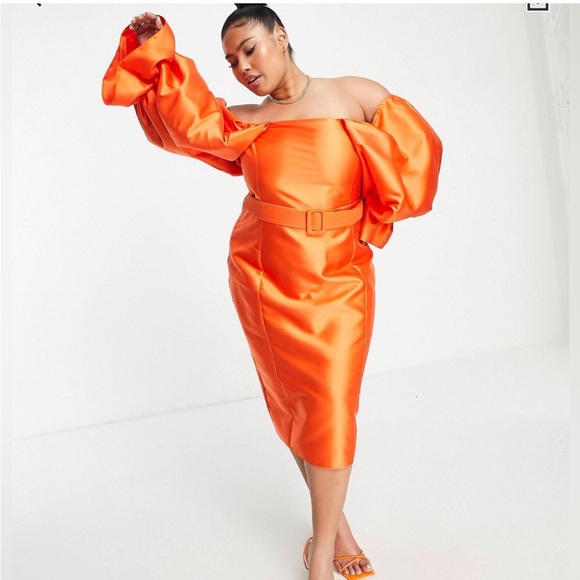 ASOS LUXE Curve belted drama sleeve structured satin midi dress in hot orange - Picture 1 of 2